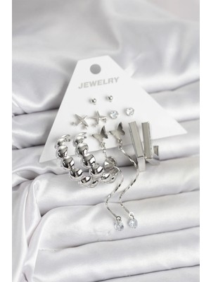 Bucuks Mey Ithalat® Gümüş Renk Pirinç 6'lı Kadın Küpe Seti