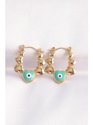 Bucuks Mey Ithalat® 316L Çelik Gold Renk Mavi Nazarlı Kalpli Model Küpe