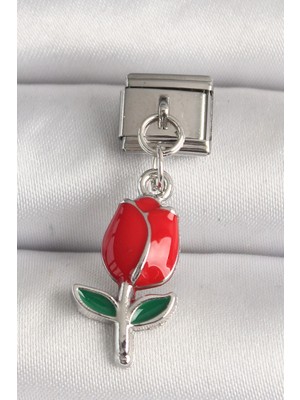 Bucuks Mey Ithalat® 316L Çelik Gümüş Renk Kırmızı Gül Model Nomination Charm