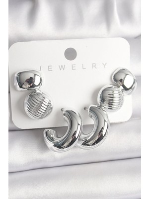 Bucuks Mey Ithalat® Gümüş Renk Işlemeli Daire Halka Model Ccb Platik Kadın Küpe Seti