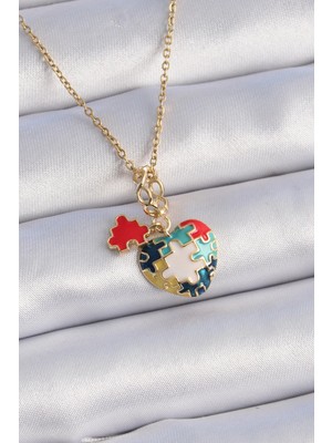 Bucuks Mey Ithalat® 316L Çelik Gold Renk Yapboz Motif Kalp Figür Charm Model Kadın Kolye