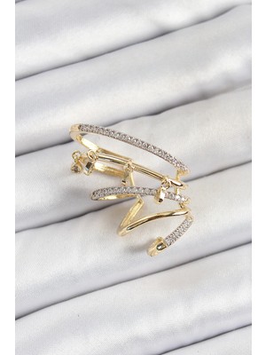 Bucuks Mey Ithalat® Pirinç Zirkon Taşlı Sıkıştırma Sağ Kıkırdak Gold Renk Kadın Küpe