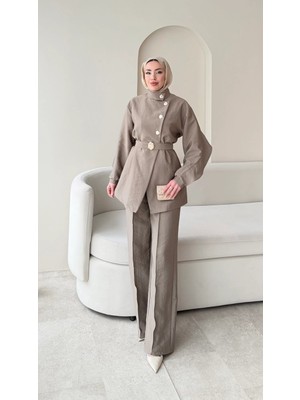 Miraydin Butik Hare Taşlı Belden Bağlamalı Pantolonlu Takım - Bej
