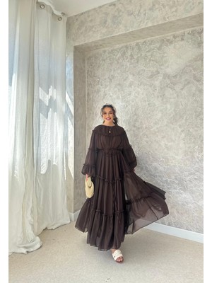Miraydin Butik Bağcık Detaylı Fırfırlı Şifon Elbise - Kahverengi
