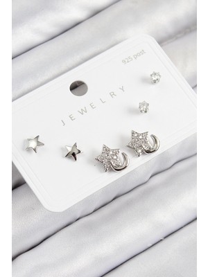 Bucuks Mey Ithalat® Pirinç Zirkon Taşlı Yıldız Model Gümüş Renk 925 Ayar Gümüş Çivi Kadın Küpe Set