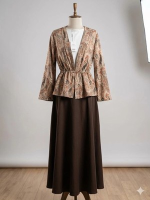 Miraydin Butik Etnik Desenli Belden Lastikli Etekli Modal Takım – Kahverengi