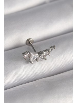 Bucuks Mey Ithalat® 316L Çelik Gümüş Renk Zirkon Taşlı Tragus Piercing