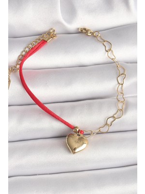 Bucuks Mey Ithalat® 316L Çelik Gold Renk Zincir Kırmızı Ip Model Sallantı Kalp Figür Işleme Detaylı Kadın Bileklik