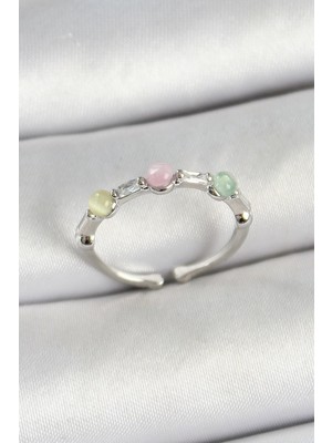 Bucuks Mey Ithalat® Pirinç Sıralı Boncuk Figürlü Zirkon Taşlı Gümüş Renk Ayarlanabilir Kadın Yüzük