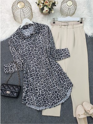 Modamorfo Leopar Desen Düğmeli Oval Kesim Gömlek -Gri
