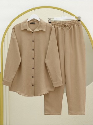 Modamorfo Boydan Düğmeli Pantolon Gömlek Keten Takım -Vizon