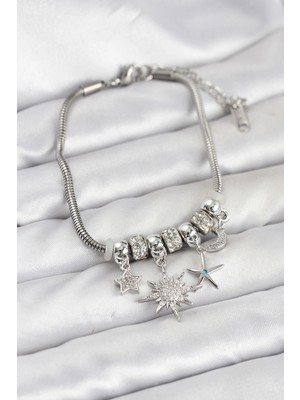 Bucuks Mey Ithalat® Pirinç Gümüş Renk Güneş Tema Charmlı Kadın Bileklik