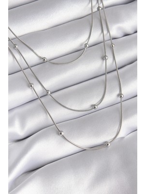 Bucuks Mey Ithalat® 316L Çelik Gümüş Renk 3'lü Topçuk Detay Kadın Kolye