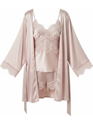 Pierre Cardin Saten 3lü Kimono Şort Takımı 2490 Pudra