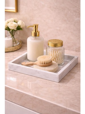 Marbello 20X20 cm Mermer Tepsi | Kare Banyo Organizer Mutfak Sunum Tepsisi Kahve Parfüm Takı Standı
