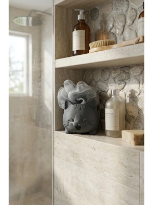 Dekoratif Gri Kedi Figürlü Sabunluk & Süngerlik Şık ve Sevimli Banyo, Mutfak Aksesuarı Çok Amaçlı