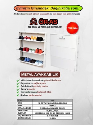 Ör - As Tel Örgü & Panel Çit Sistemleri Ayakkabılık (- Metal -) 3x4 Düşer Kapaklı 12 Çift Ayakkabı Dolabı Beyaz (108X90X16 Cm)
