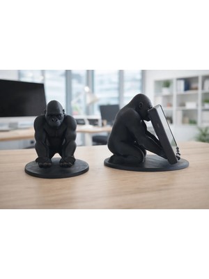 3D Siyah Goril Figürlü Dekoratif Telefon, Tablet Standı, Kalem Tutucu Heykel, Masaüstü Organizer