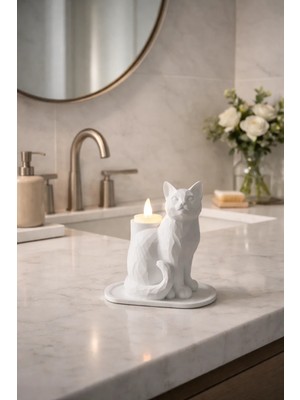 Beyaz Mozaik Dekoratif Kedi Biblo LED Mumlu Şık Ev Ofis Masa Üstü Aksesuar Mumluk (Led Mum Hediye)