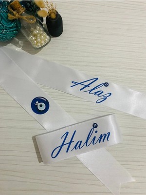 Nuksoc Sünnet Takı Kurdelesi Tören Kurdelesi Beyaz Saten Isimli Nazar Boncuklu Kurdele