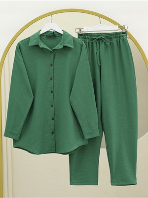 Modamorfo Boydan Düğmeli Pantolon Gömlek Keten Takım -Koyu Yeşil