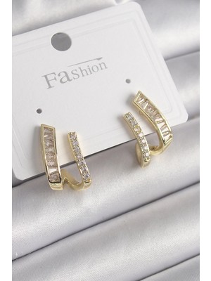 Bucuks Mey Ithalat® Pirinç Gold Renk Zirkon Taşlı Kadın Küpe