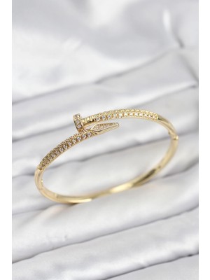 Bucuks Mey Ithalat® Pirinç Gold Renk Zirkon Taşlı Çivi Model Kadın Kelepçe Bileklik