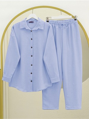 Modamorfo Boydan Düğmeli Pantolon Gömlek Keten Takım -Bebe Mavi