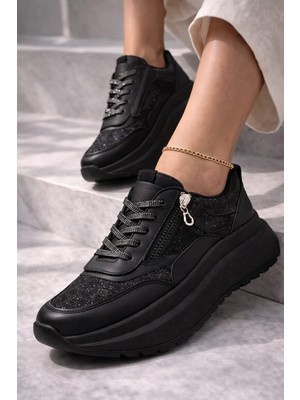 Slipcat Yan Fermuarlı Işıltılı Trend 5 cm Platform Kadın Sneaker Spor Ayakkabı