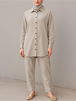 Modamorfo Boydan Düğmeli Pantolon Gömlek Keten Takım -Bej