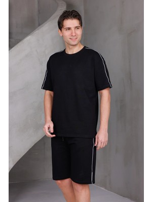 Dark Moda Erkek Şeritli Oversize Alt-Üst 2 Iki Iplik Kompakt Şort Takımı