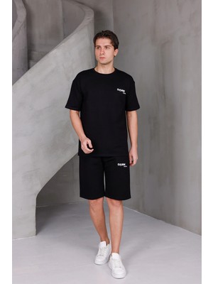 Dark Moda Erkek Baskılı Oversize Alt-Üst 2 Iki Iplik Kompakt Şort Takımı