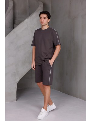 Dark Moda Erkek Şeritli Oversize Alt-Üst 2 Iki Iplik Kompakt Şort Takımı