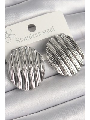 Bucuks Mey Ithalat® Pirinç Gümüş Renk Sallantı Işlemeli Daire Plaka Model Kadın Küpe