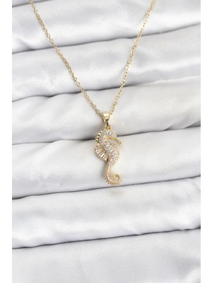 Bucuks Mey Ithalat® 316L Çelik Zincir Gold Renk Deniz Atı Model Zirkon Taşlı Kadın Kolye