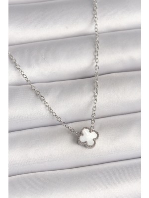 Bucuks Mey Ithalat® 316L Çelik Gümüş Renk Beyaz Yonca Model Kadın Kolye