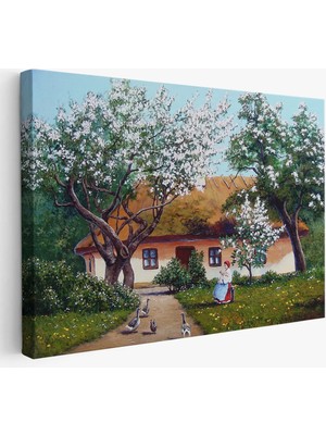 Ilkbahar Köy Evi Yağlıboya Görünüm Dekoratif Kanvas Duvar TABLOSU-3514