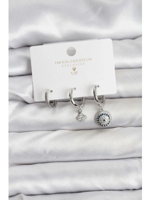 Bucuks Mey Ithalat® Nazar Model Gümüş Renk Pirinç 3'lü Kadın Küpe Seti