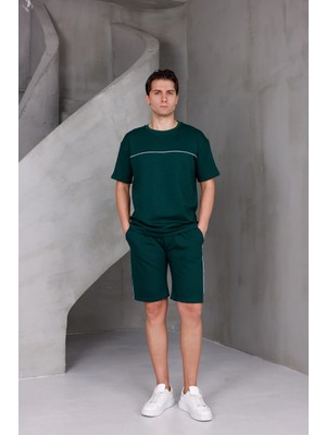 Dark Moda Erkek Garnili Şeritli Oversize Alt-Üst 2 Iki Iplik Kompakt Şort Takımı