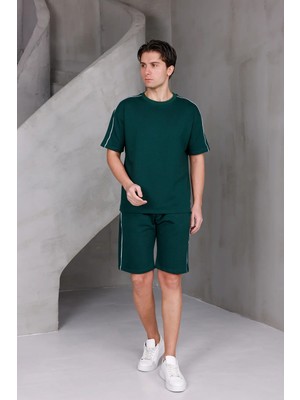 Dark Moda Erkek Şeritli Oversize Alt-Üst 2 Iki Iplik Kompakt Şort Takımı