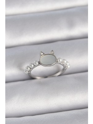 Bucuks Mey Ithalat® Pirinç Gümüş Renk Ayarlanabilir Beyaz Mineli Kedi Model Inci Detay Kadın Yüzük