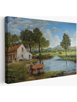 Köy ve Akarsu Manzaralı Dekoratif Kanvas Duvar TABLOSU-3425