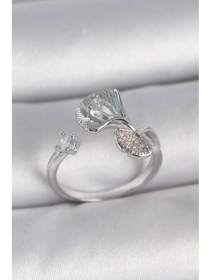 Bucuks Mey Ithalat® Pirinç Gümüş Renk Zirkon Taşlı Deniz Kabuğu Model Ayarlanabilir Kadın Yüzük