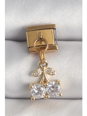 Bucuks Mey Ithalat® 316L Çelik Gold Renk Sallantı Zirkon Taşlı Kiraz Model Nomination Charm