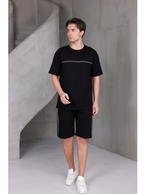 Dark Moda Erkek Garnili Şeritli Oversize Alt-Üst 2 Iki Iplik Kompakt Şort Takımı