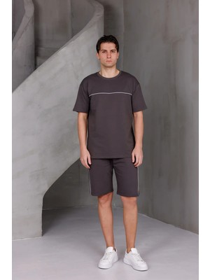 Dark Moda Erkek Garnili Şeritli Oversize Alt-Üst 2 Iki Iplik Kompakt Şort Takımı