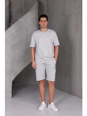 Dark Moda Erkek Şeritli Oversize Alt-Üst 2 Iki Iplik Kompakt Şort Takımı