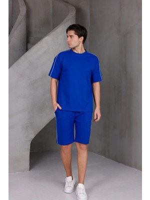 Dark Moda Erkek Şeritli Oversize Alt-Üst 2 Iki Iplik Kompakt Şort Takımı