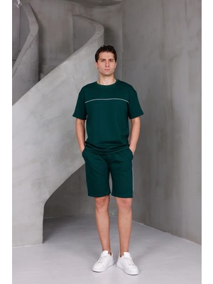 Dark Moda Erkek Garnili Şeritli Oversize Alt-Üst 2 Iki Iplik Kompakt Şort Takımı