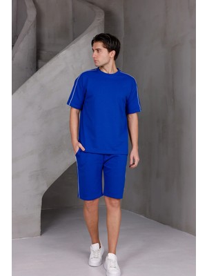 Dark Moda Erkek Şeritli Oversize Alt-Üst 2 Iki Iplik Kompakt Şort Takımı